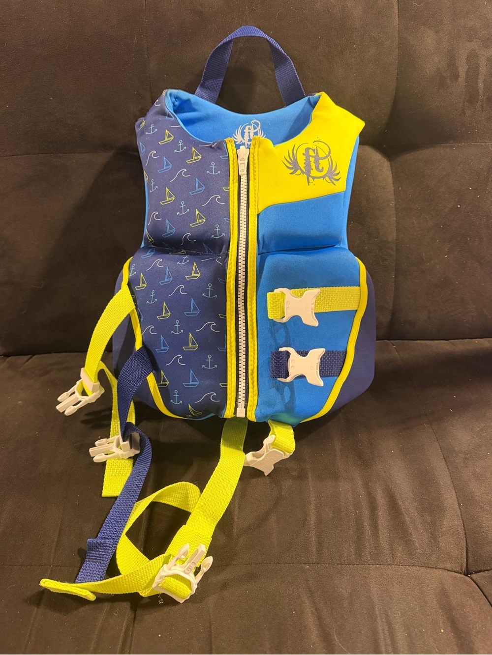 Childs Blue & Yellow Swim Vest with Sailboat Print